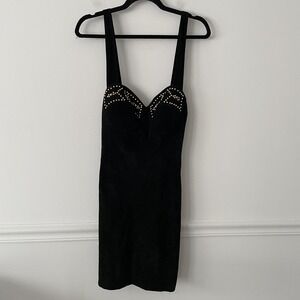 NWT VTG 90's Firenze Santa Barbara Black Suede Leather Studded Mini Dress Size S